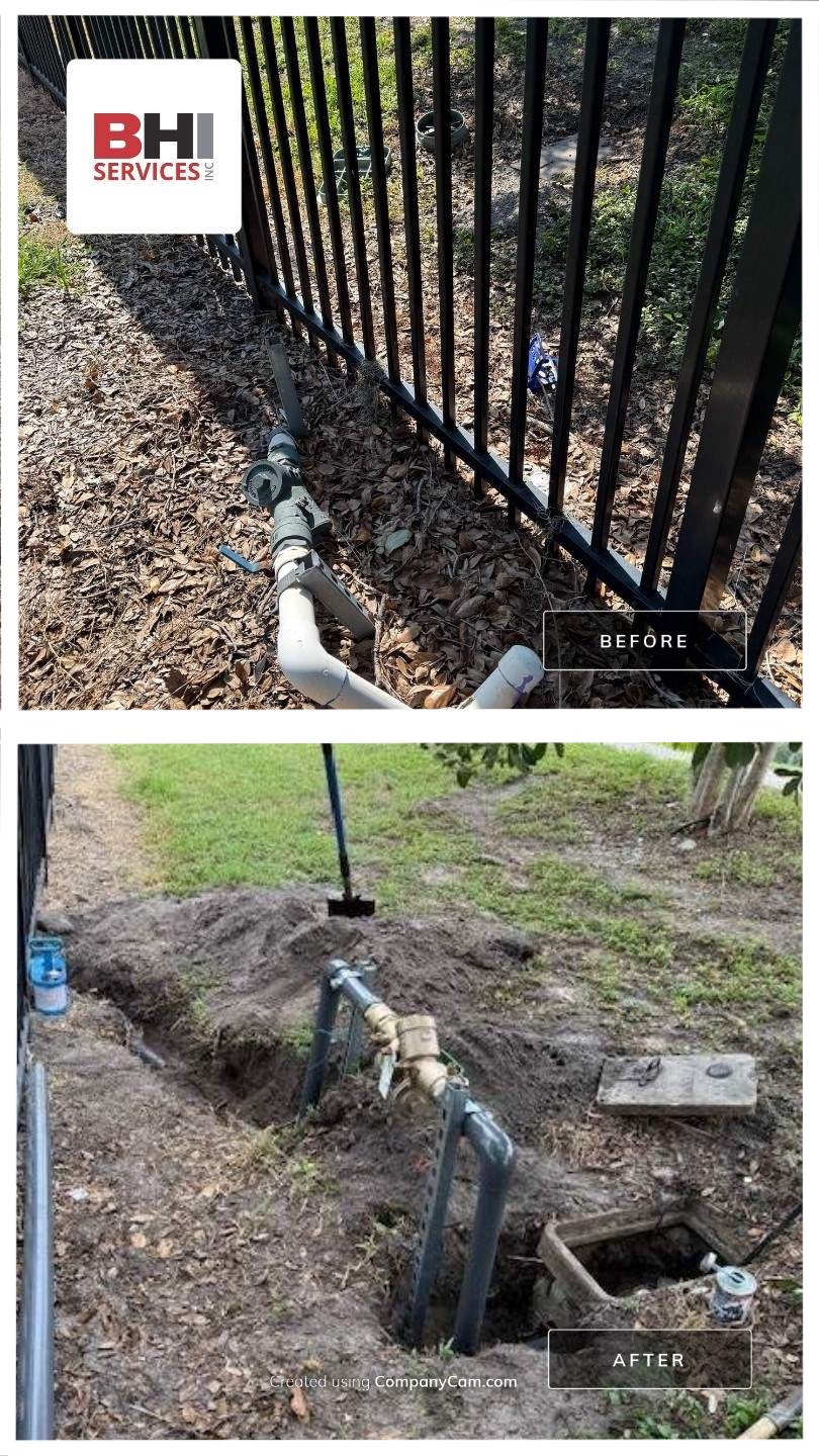 Before-and-after water service restoration project with new underground piping and backflow device installation in Orlando, Florida 