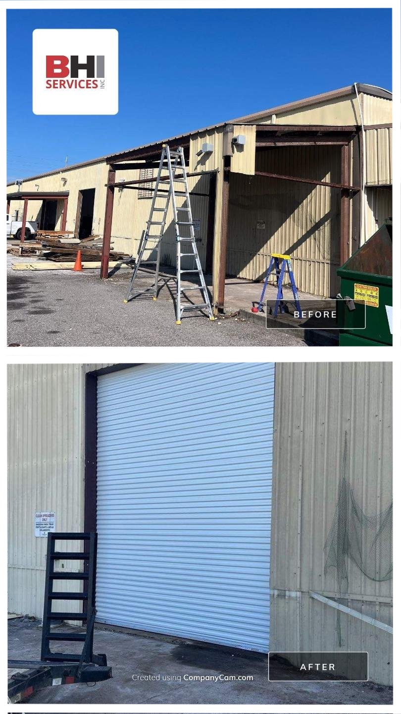 Before-and-after industrial building modification to install a new roll-up door in Tampa